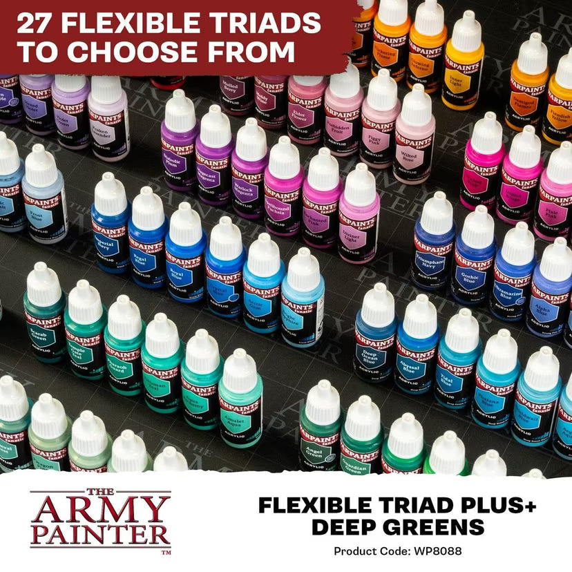 Rows of Army Painter Warpaints Fanatic bottles showing the 27 Flexible Triad colour families