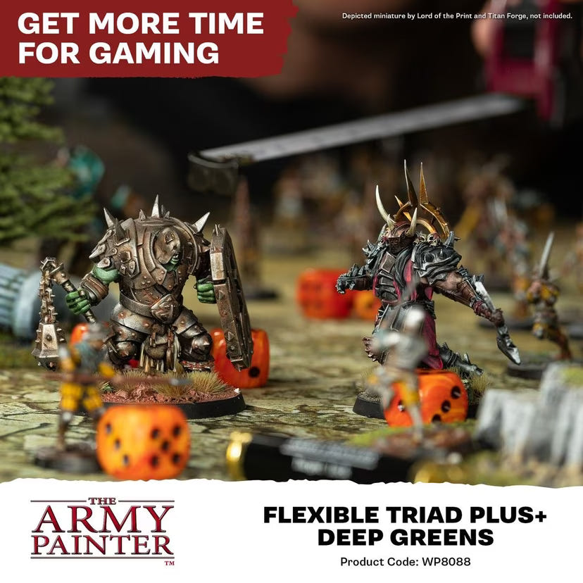 Painted miniatures fighting on a tabletop battlefield with dice, Army Painter Flexible Triad banner