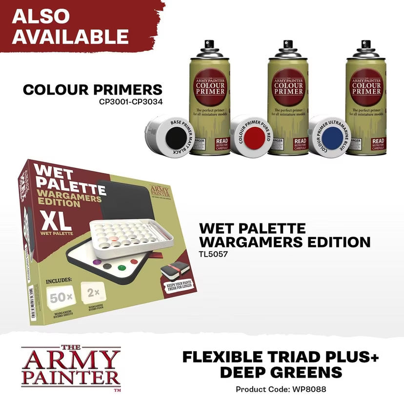 Army Painter Colour Primer spray cans and Wet Palette Wargamers Edition XL shown as also available