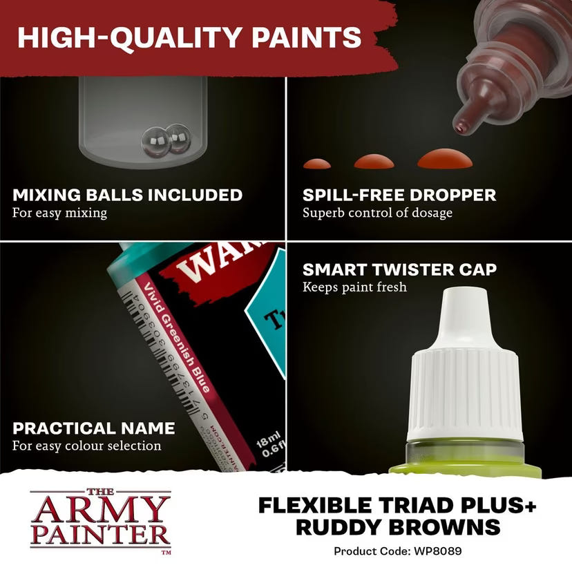 Army Painter Warpaints Fanatic features: mixing balls, spill-free dropper, practical name, twister cap