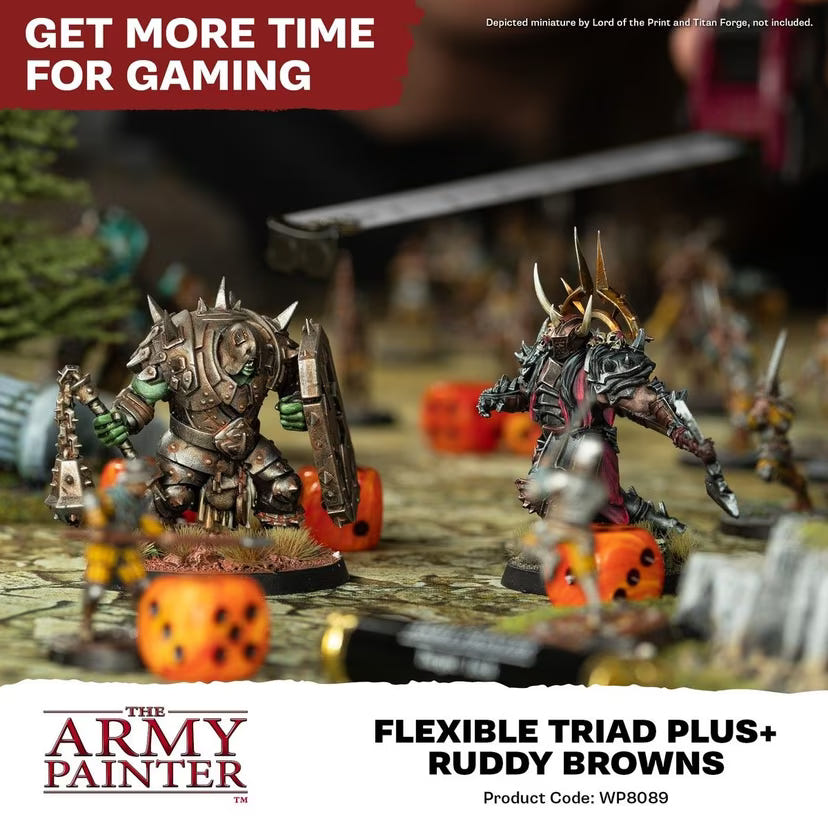 Painted miniatures fighting on a tabletop battlefield with dice, Army Painter Flexible Triad banner