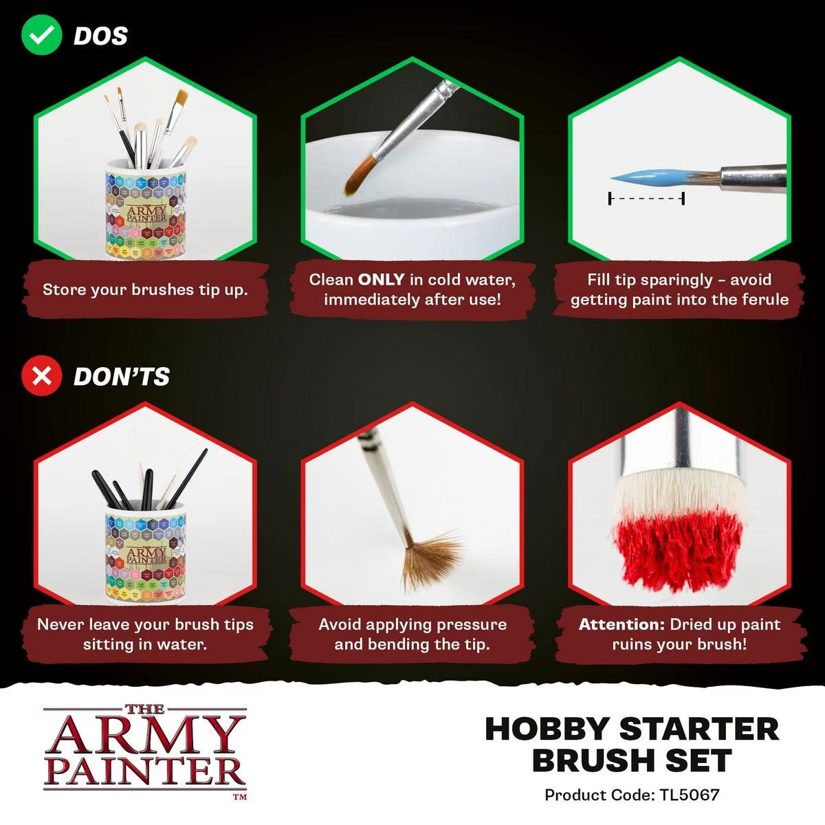 Army Painter brush care dos and don'ts guide for the Hobby Starter Brush Set