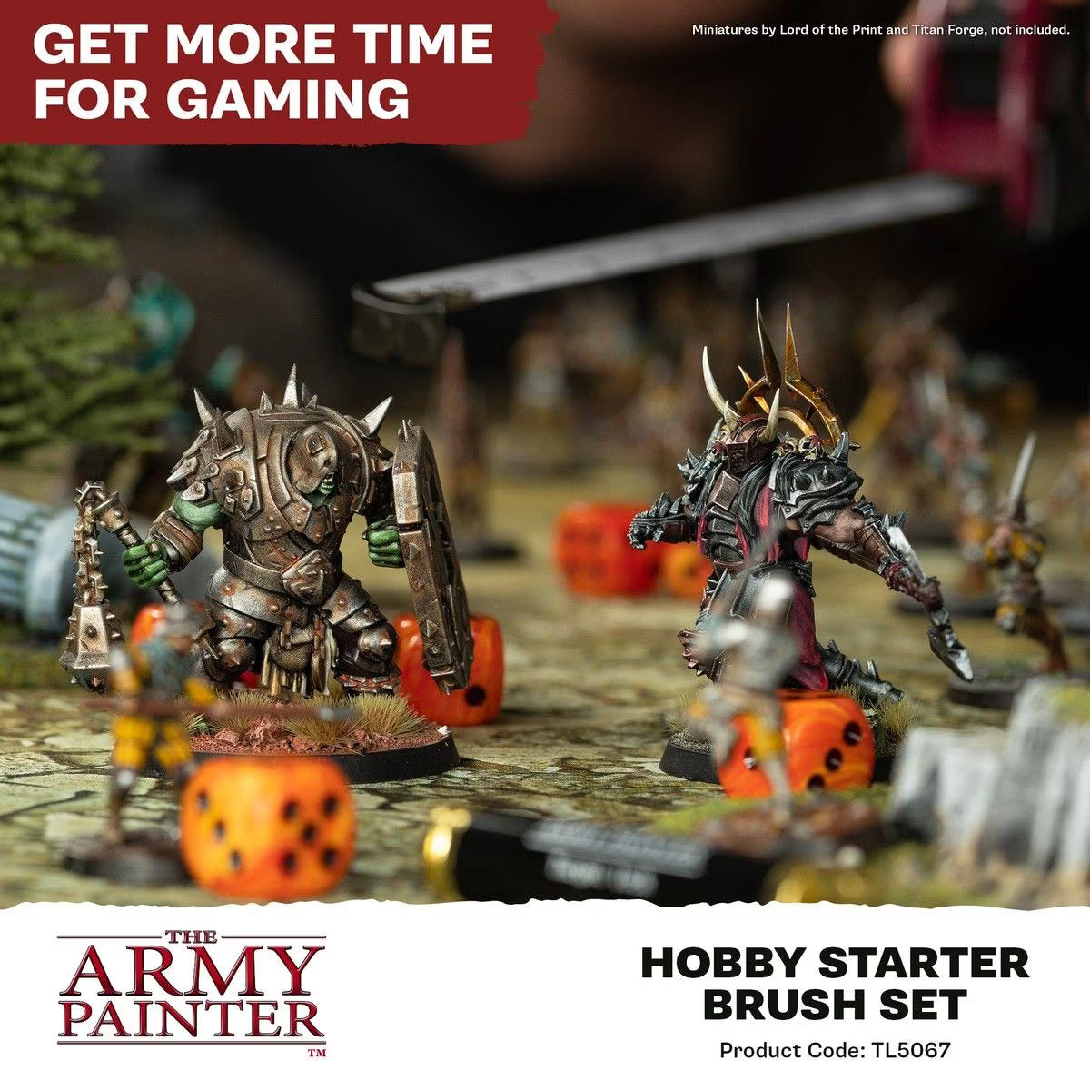 Painted fantasy football miniatures and orange dice on a tabletop, Army Painter Hobby Starter Brush Set