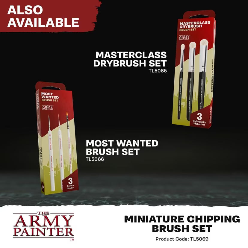 Army Painter Masterclass Drybrush and Most Wanted brush sets, also available alongside the chipping set