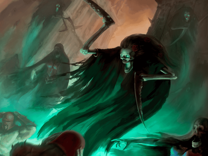 Fantasy artwork of a skeletal grim reaper figure with a long dark cloak and scythe, surrounded by glowing green mist and other dark figures in a dramatic scene.