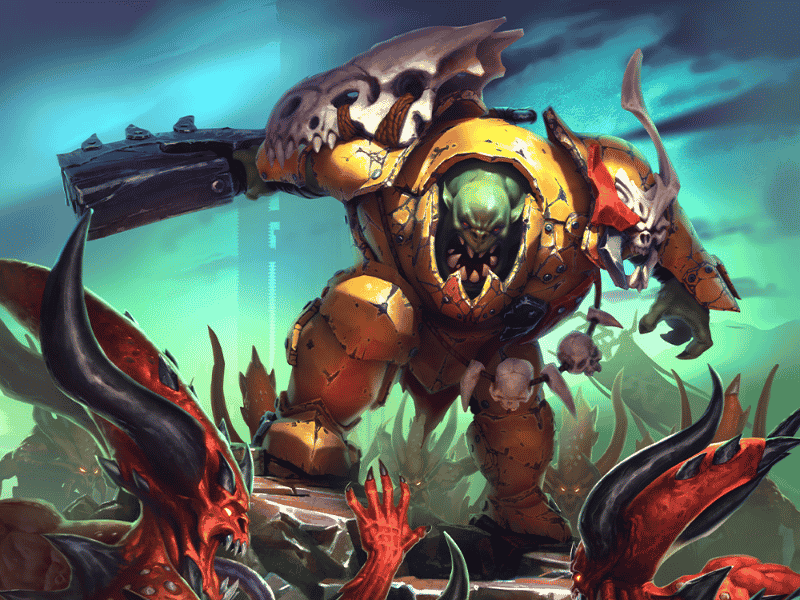 Fantasy artwork of a large armored green-skinned warrior holding a massive weapon, surrounded by red horned creatures against a glowing teal sky.