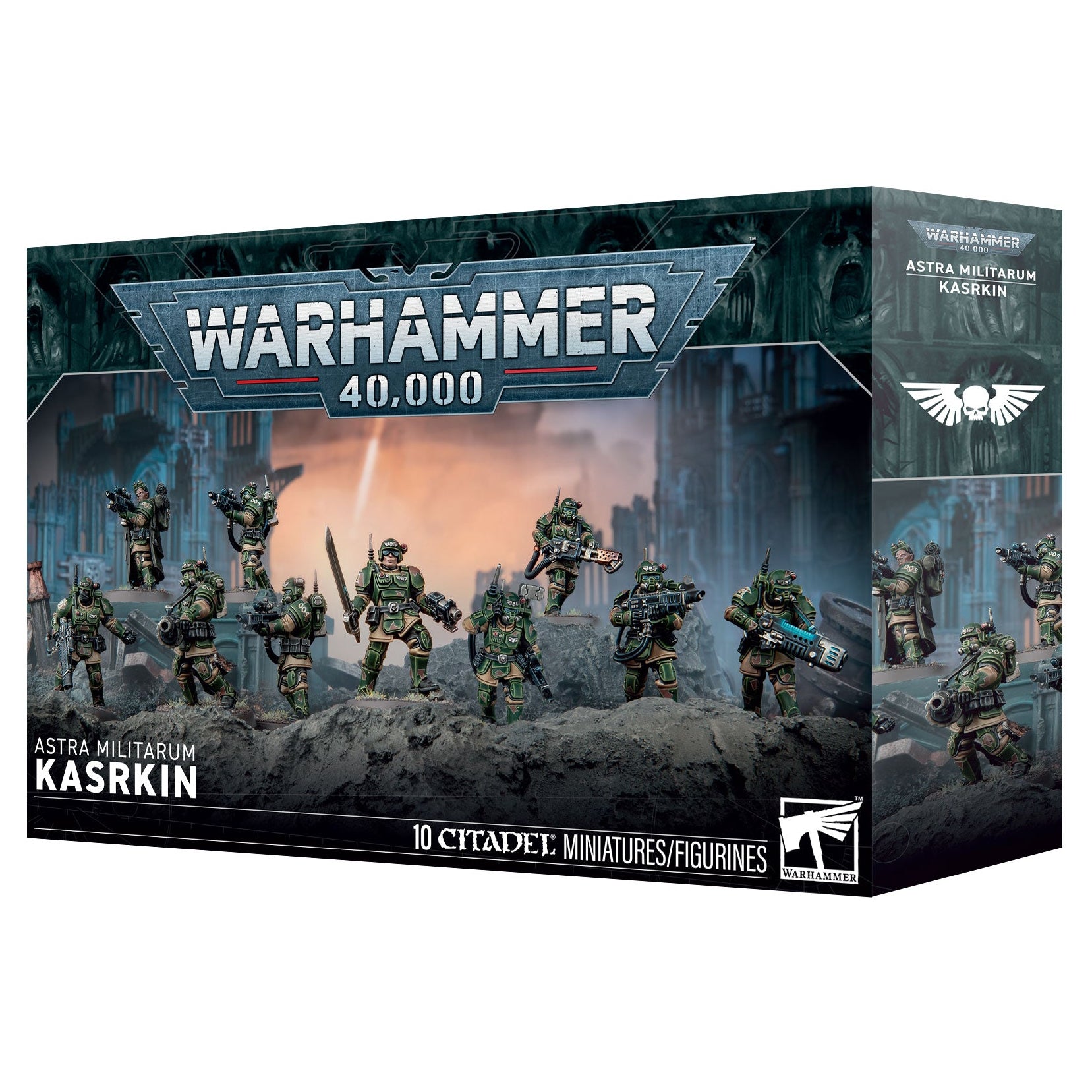 Warhammer 40,000 Astra Militarum Kasrkin 10 Citadel miniatures box, featuring illustrated green-space soldier figures on a dark sci-fi city background.