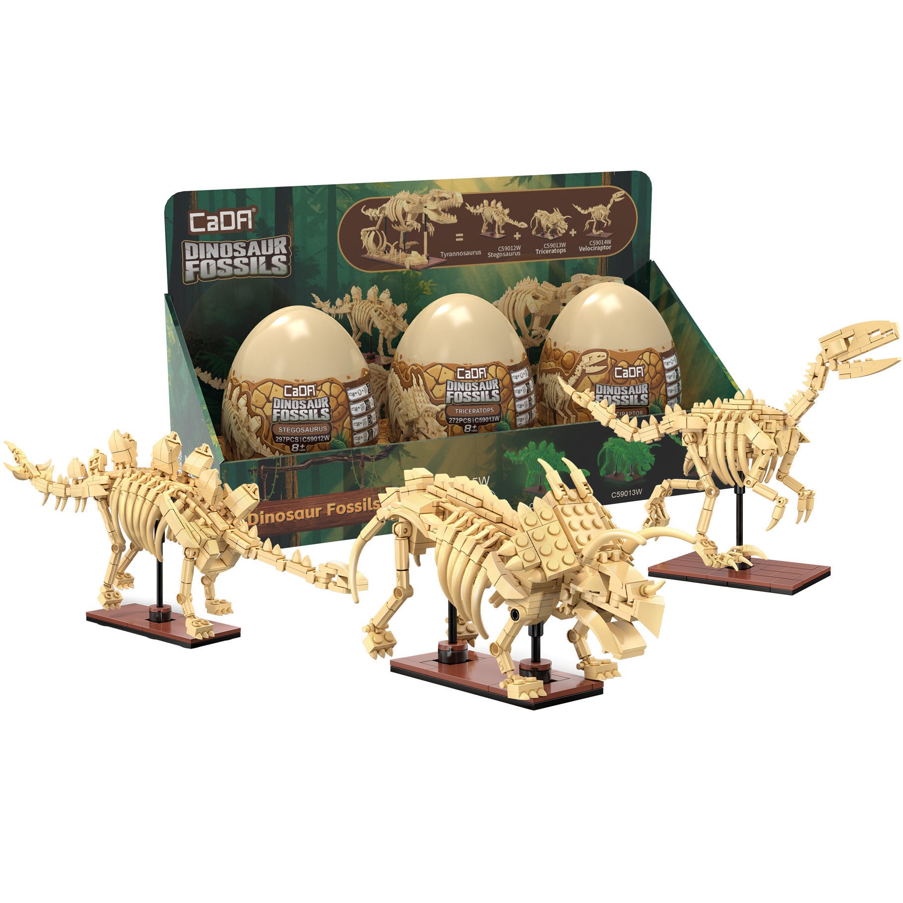 CaDA Tray of 3 Dinosaur Eggs with Stegosaurus Triceratops & Velociraptor - C59015W