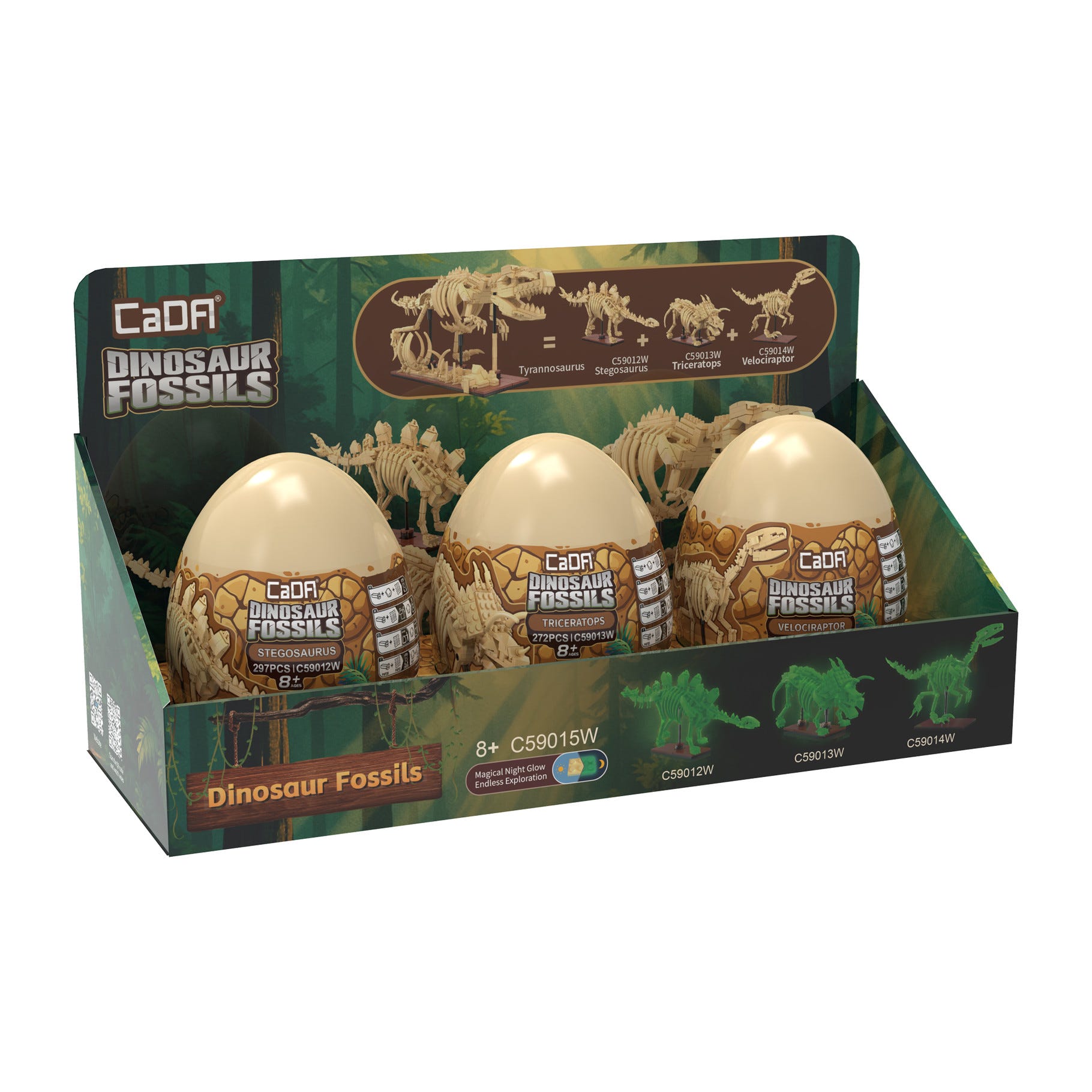 CaDA Tray of 3 Dinosaur Eggs with Stegosaurus Triceratops & Velociraptor - C59015W