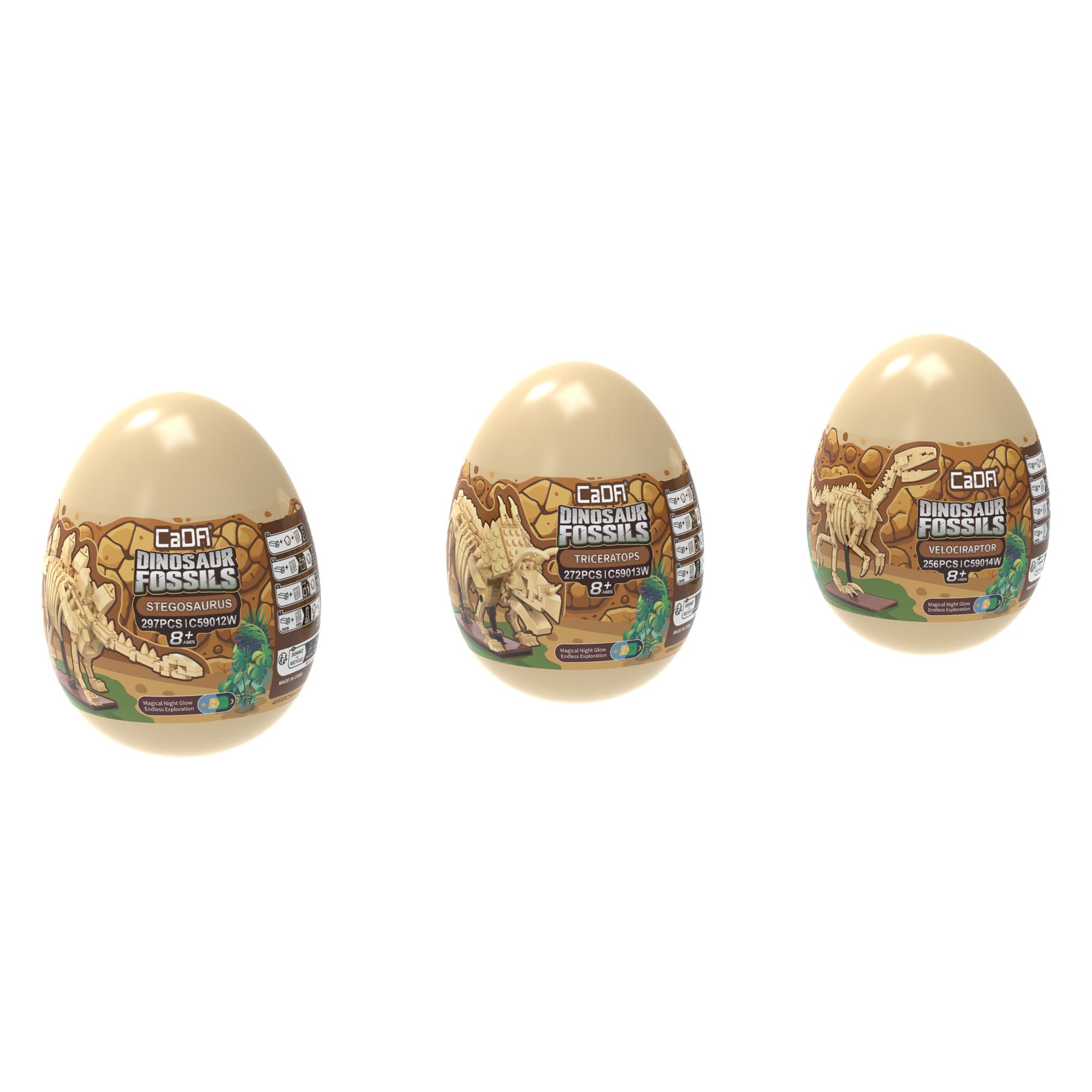 CaDA Tray of 3 Dinosaur Eggs with Stegosaurus Triceratops & Velociraptor - C59015W