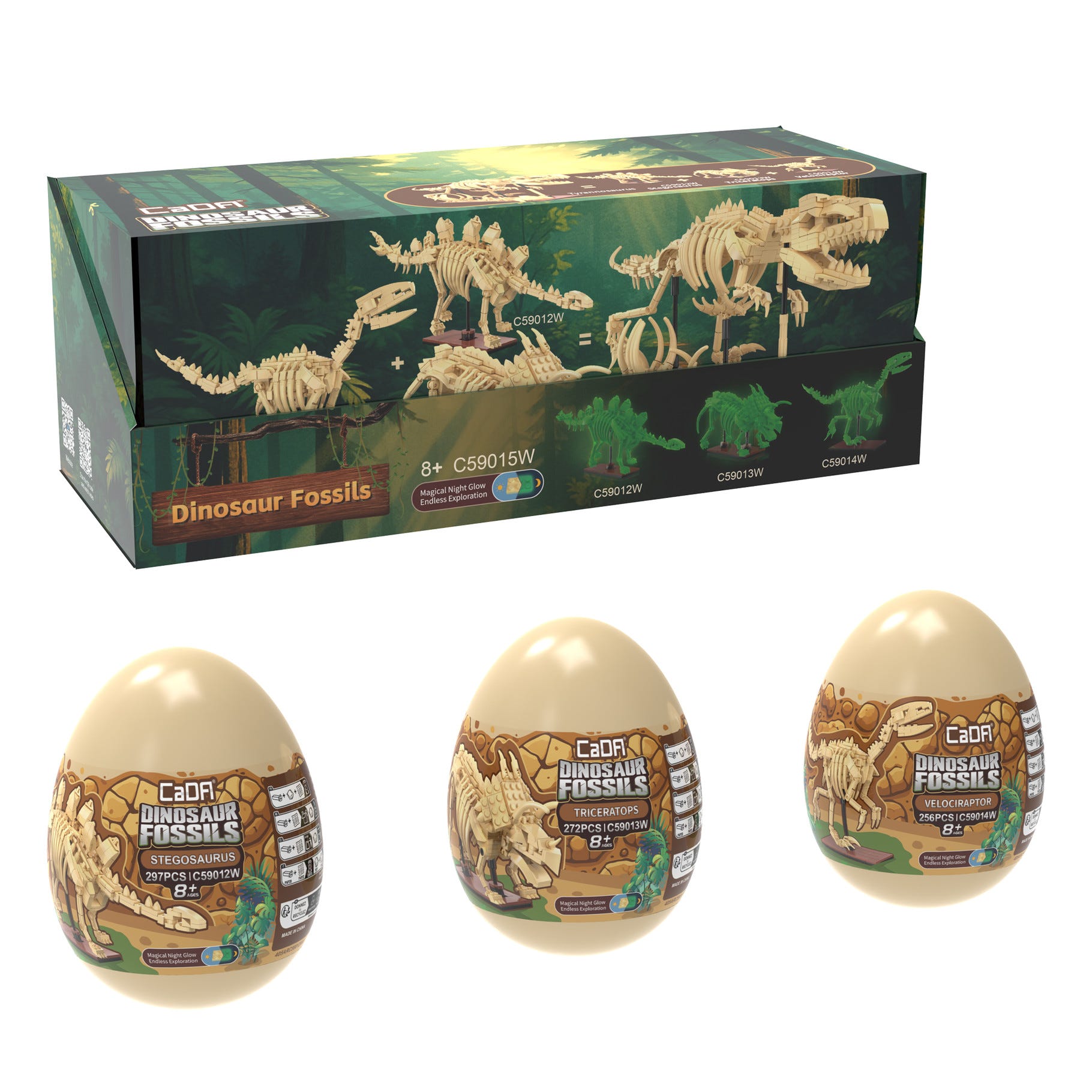 CaDA Tray of 3 Dinosaur Eggs with Stegosaurus Triceratops & Velociraptor - C59015W
