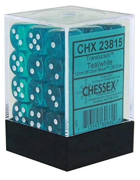Chessex - Translucent 12mm D6 Dice Block - Teal with White - Loaded Dice