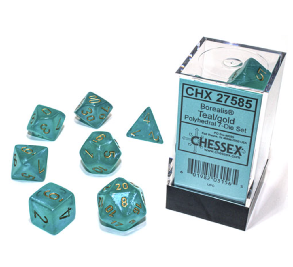 Chessex - Borealis Polyhedral 7 Dice Set - Luminary Teal & Gold - Loaded Dice