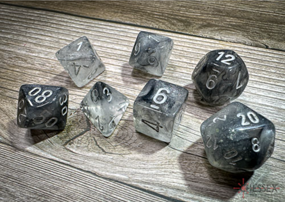 Chessex - Borealis Polyhedral 7 Dice Set - Luminary Light Smoke Silver - Loaded Dice