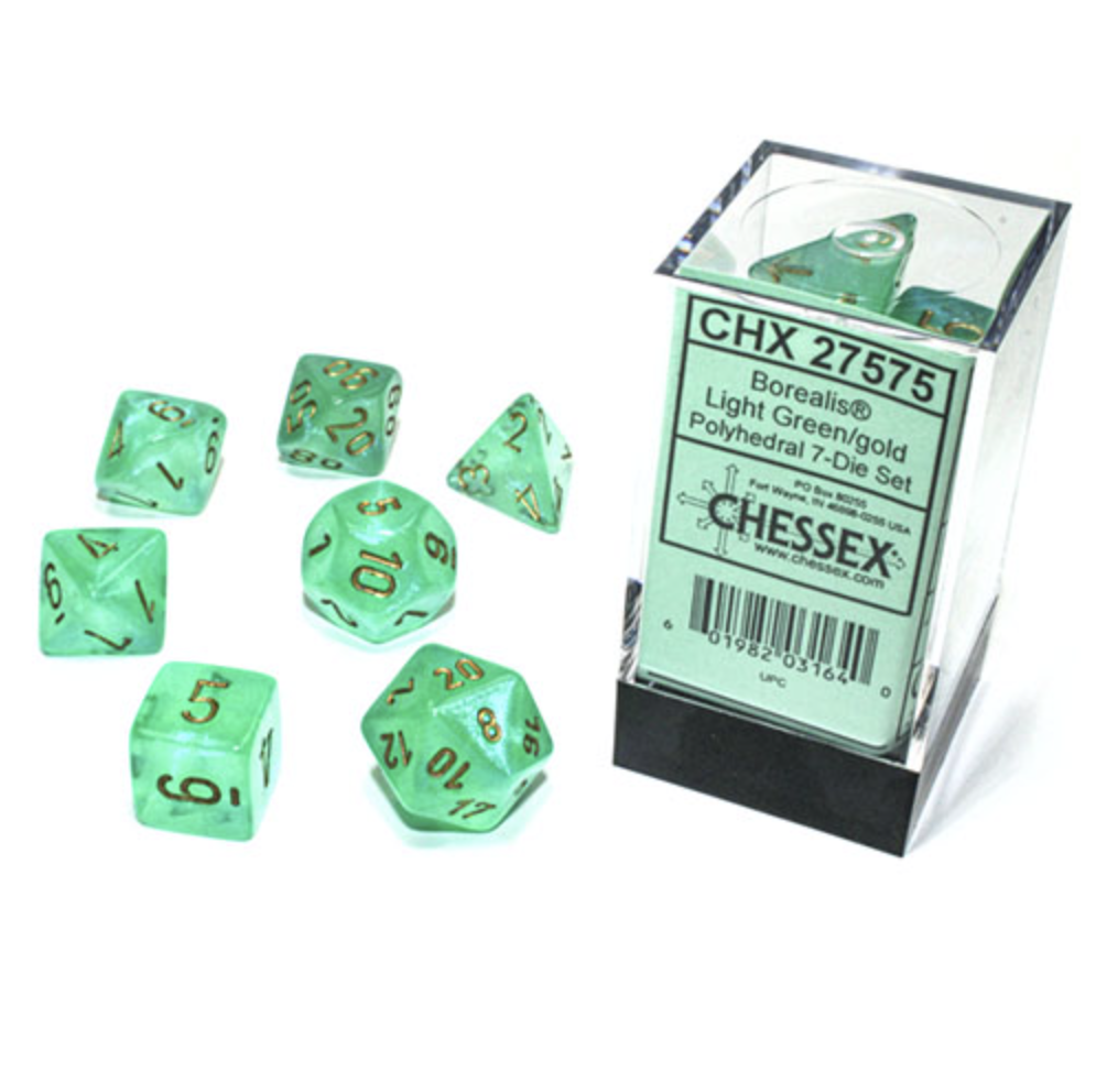 Chessex - Borealis Polyhedral 7 Dice Set - Luminary Light Green & Gold - Loaded Dice