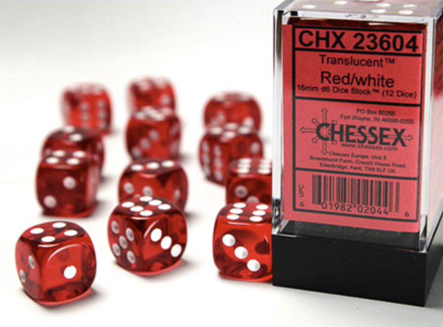 Chessex - Translucent 16mm D6 Dice Block - Red with White - Loaded Dice
