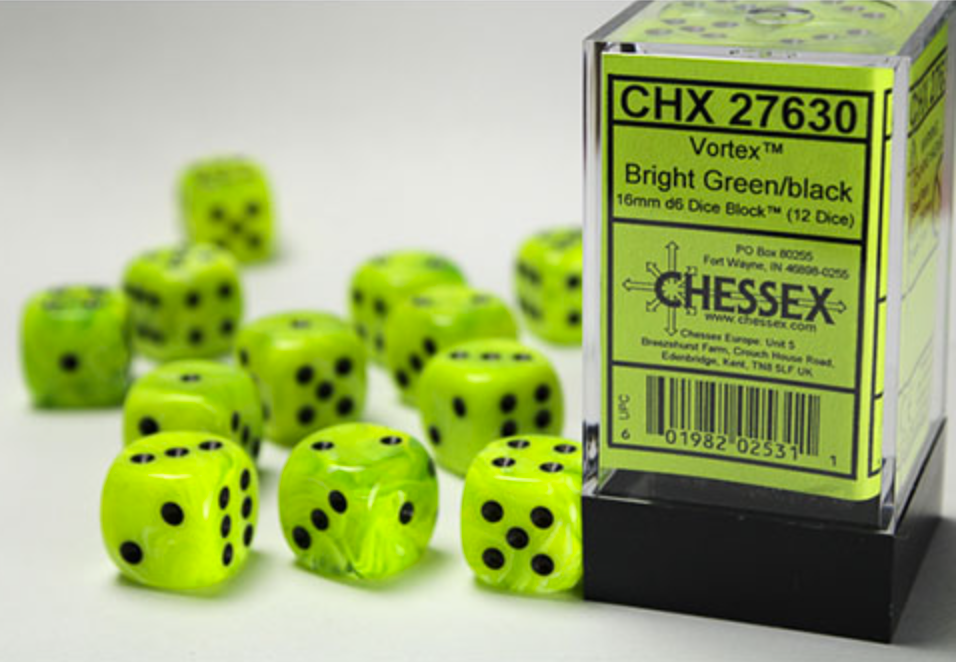 Chessex - Vortex 16mm D6 Dice Block - Bright Green & with Black - Loaded Dice