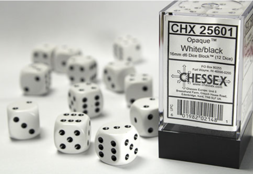 Chessex - Opaque 16mm D6 Dice Block - White with Black - Loaded Dice