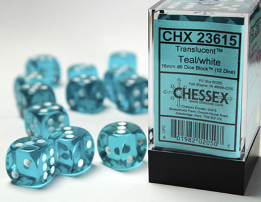 Chessex - Translucent 16mm D6 Dice Block - Teal with White - Loaded Dice