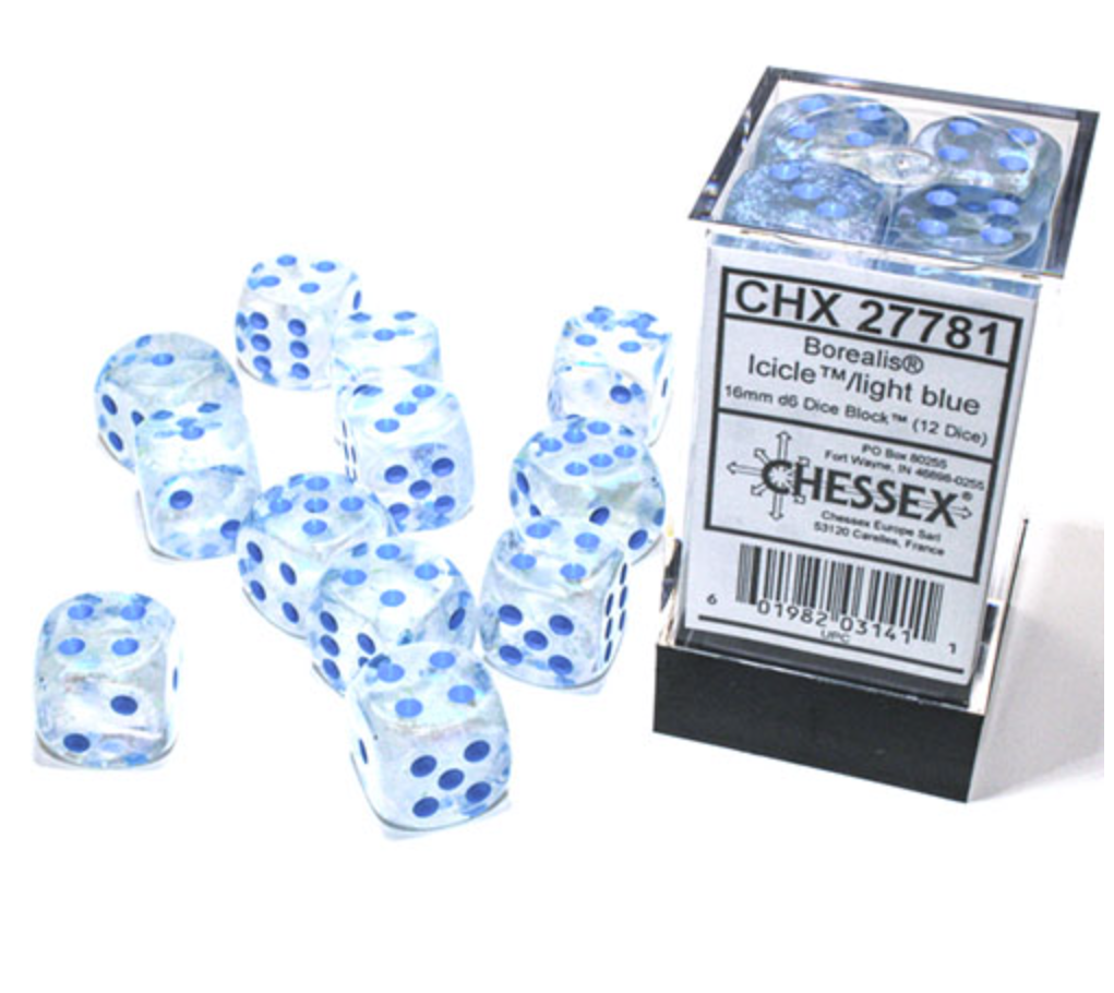 Chessex - Borealis 16mm D6 Dice Block - Luminary Icicle light Blue Dice Block - Loaded Dice