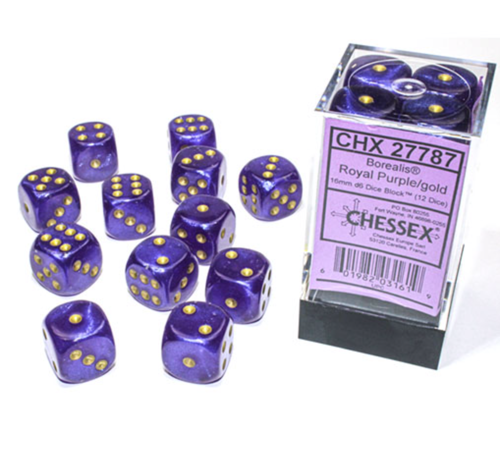 Chessex - Borealis 16mm D6 Dice Block - Luminary Royal Purple & Gold Dice Block - Loaded Dice