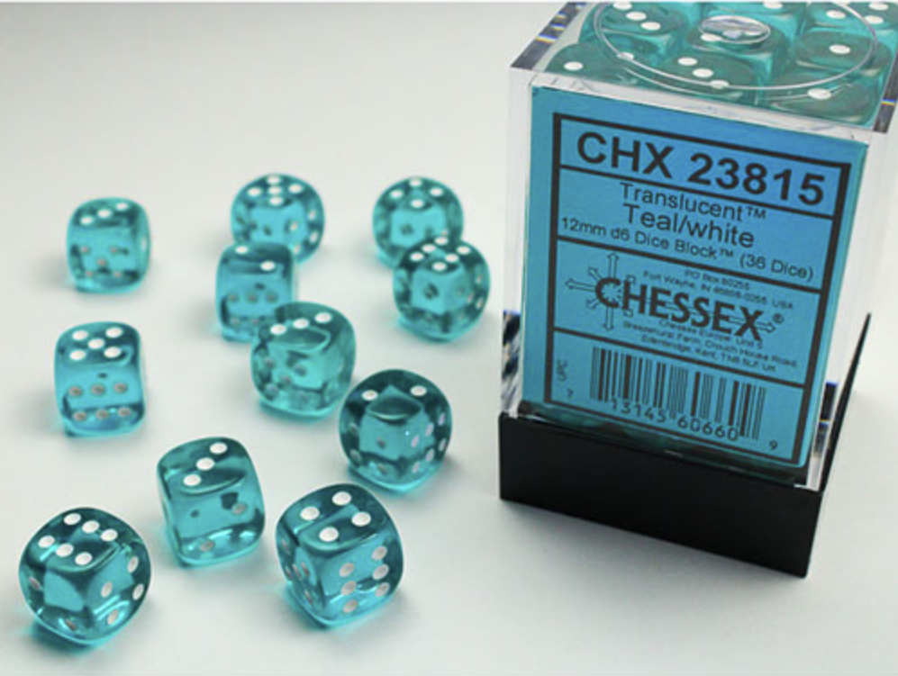 Chessex - Translucent 12mm D6 Dice Block - Teal with White - Loaded Dice