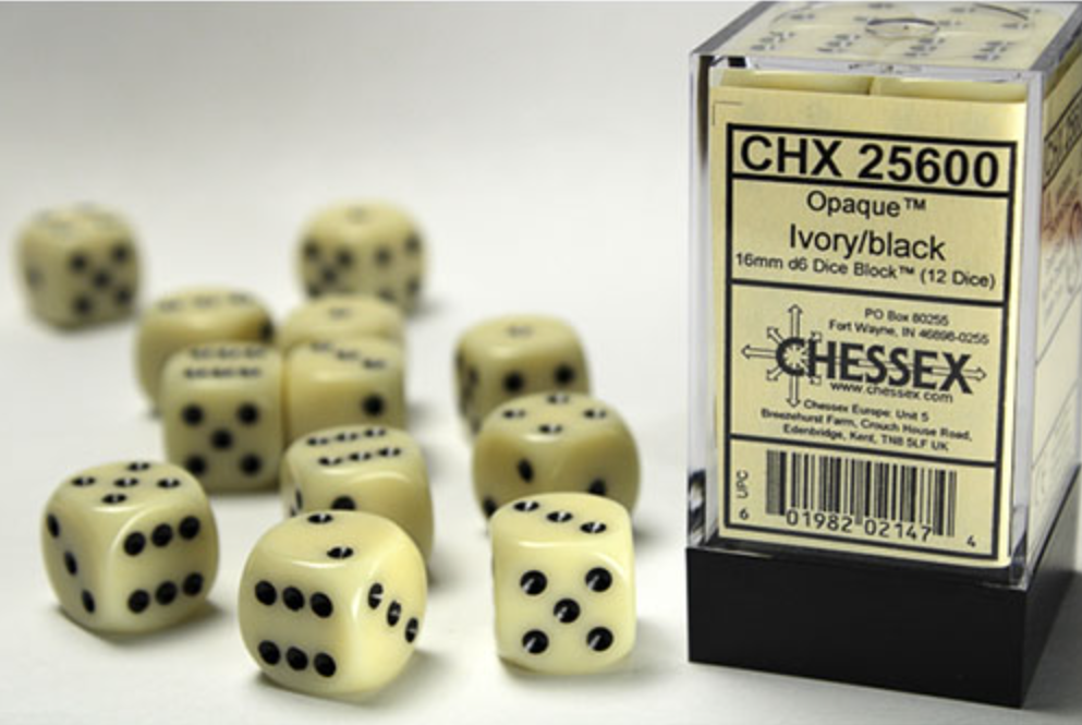 Chessex - Opaque 16mm D6 Dice Block - Ivory with Black - Loaded Dice