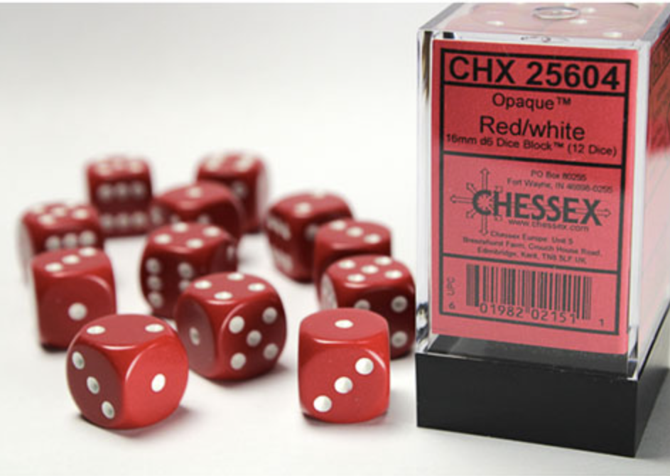 Chessex - Opaque 16mm D6 Dice Block - Red with White - Loaded Dice