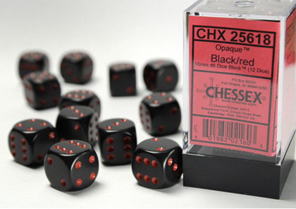 Chessex - Opaque 16mm D6 Dice Block - Black with Red - Loaded Dice