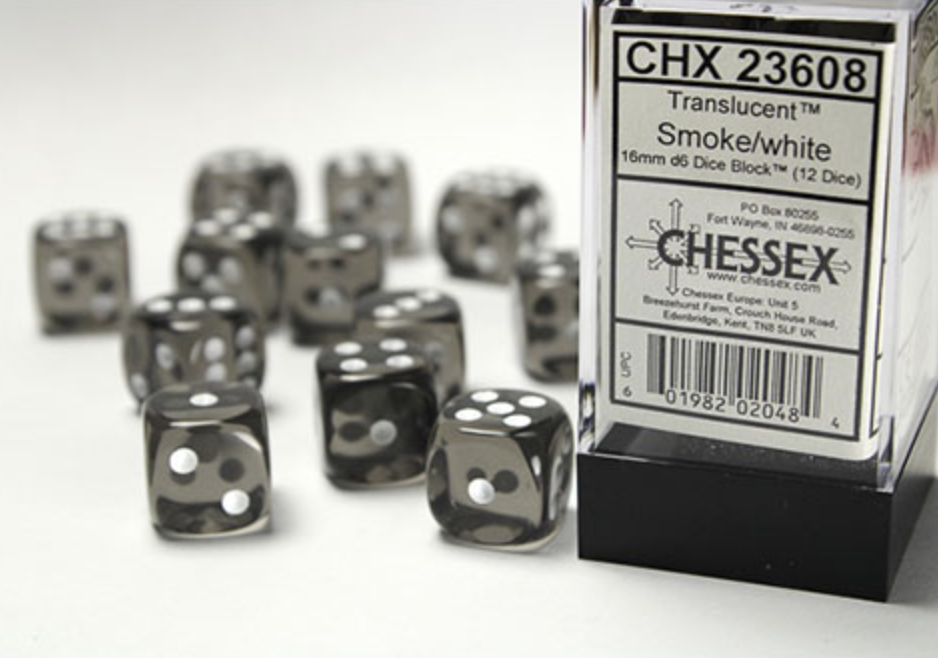 Chessex - Translucent 16mm D6 Dice Block - Smoke with White - Loaded Dice