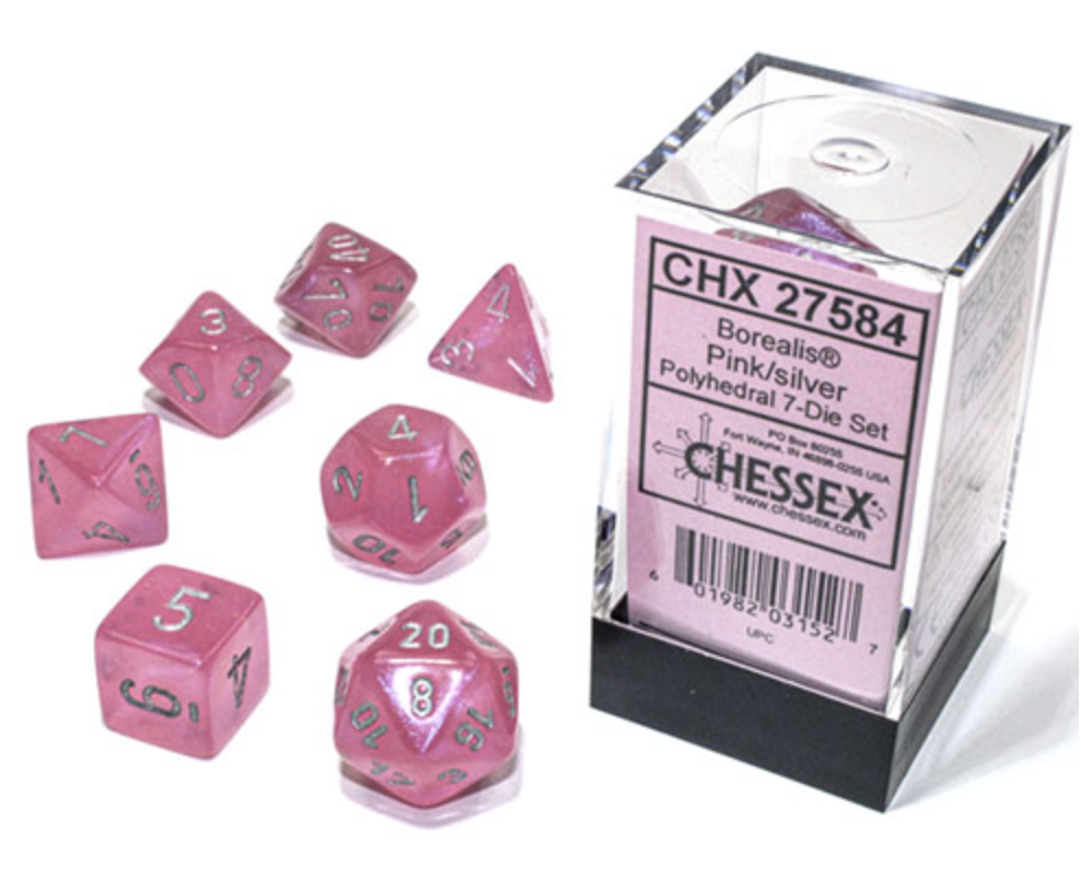 Chessex - Borealis Polyhedral 7 Dice Set - Luminary Polyhedral Pink & Silver - Loaded Dice