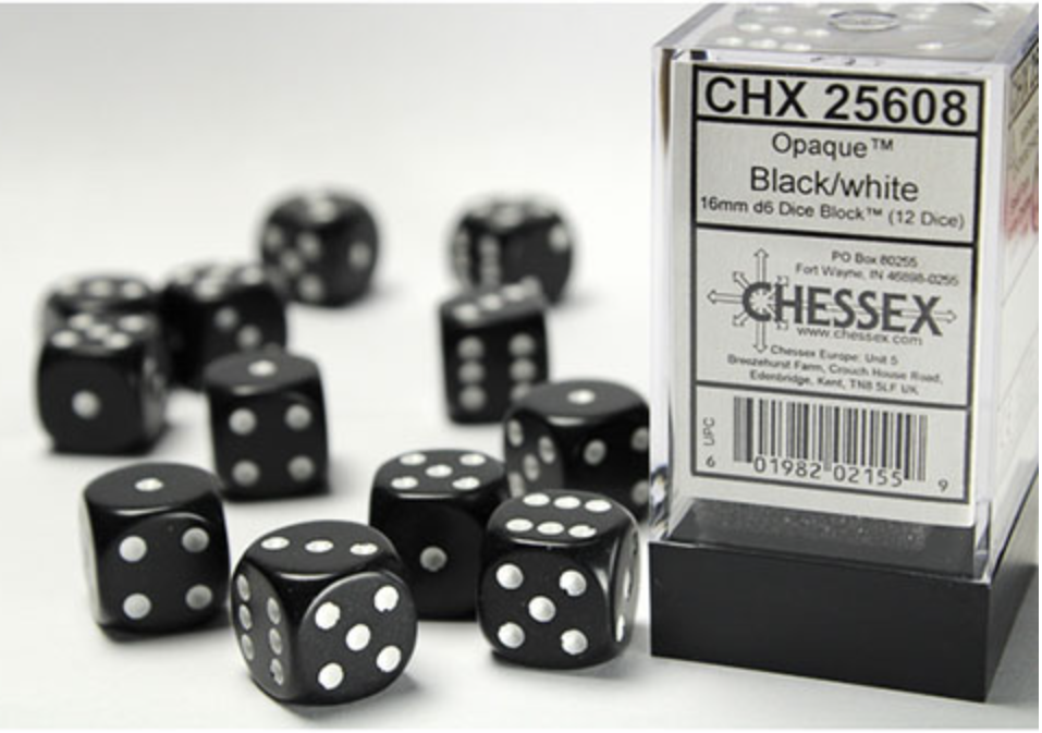 Chessex - Opaque 16mm D6 Dice Block - Black with White - Loaded Dice