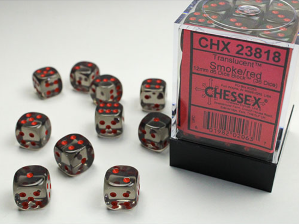 Chessex - Translucent 12mm D6 Dice Block - Smoke with Red - Loaded Dice