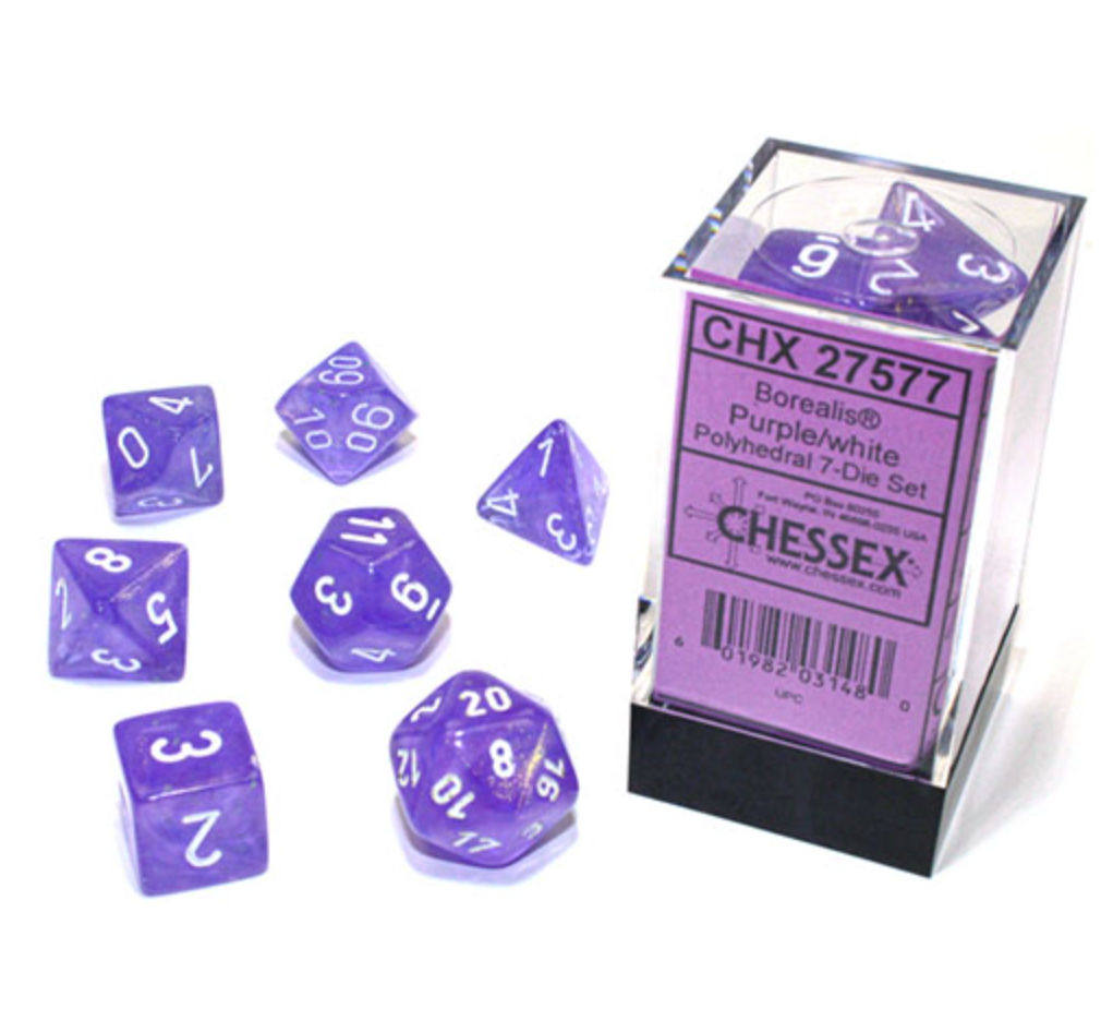 Chessex - Borealis Polyhedral 7 Dice Set - Luminary Purple & White - Loaded Dice