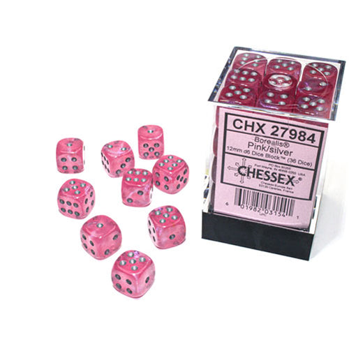 Chessex - Borealis 12mm D6 Dice Block - Luminary Pink & Silver Luminary Dice Block - Loaded Dice