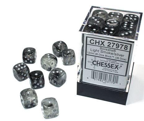 Chessex - Borealis 12mm D6 Dice Block - Luminary Light Smoke Silver Dice Block