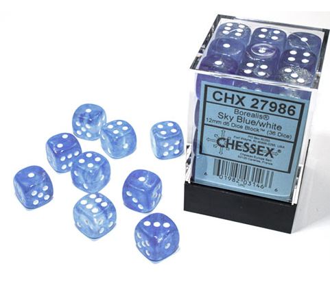 Chessex - Borealis 12mm D6 Dice Block - Luminary Sky Blue & White Dice Block - Loaded Dice