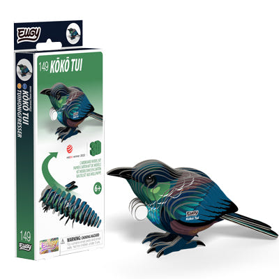 EUGY Koko Tui 3D card model kit — box and finished model