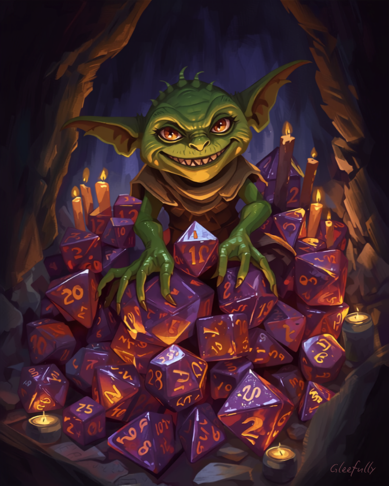 Cheeky green goblin sitting on a hoard of colourful polyhedral dice in a candlelit cave