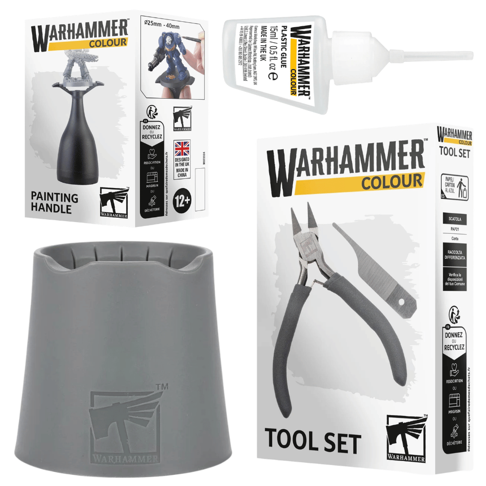 Warhammer Colour painting handle, tube of paint, and tool set on a white background