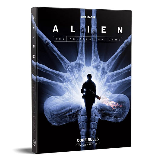 Free League ALIEN The Roleplaying Game Evolved Edition core rulebook cover with a figure before a Facehugger