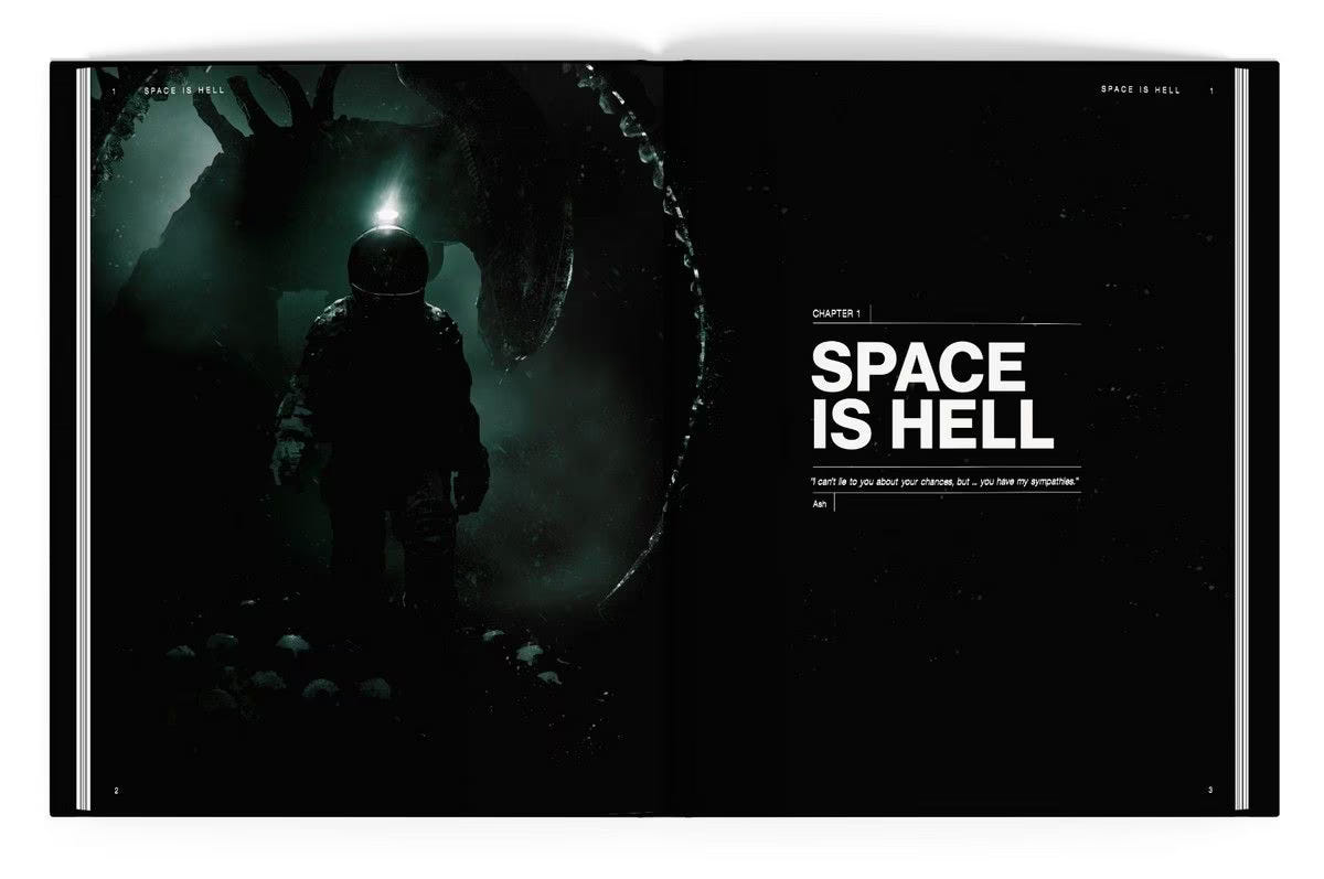 ALIEN RPG Evolved Edition core rulebook open at the Space Is Hell chapter opener with dark artwork