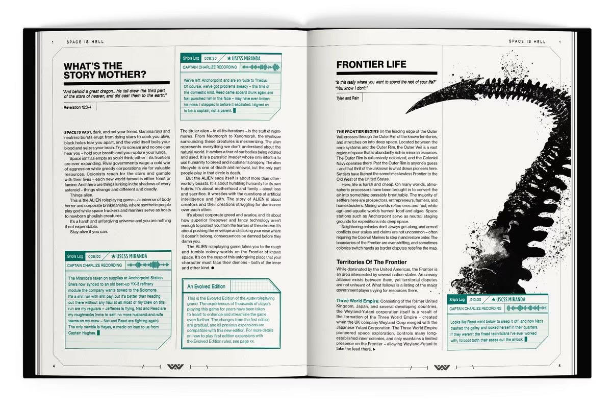 ALIEN RPG core rulebook spread on the frontier and Mother, with a black Xenomorph tail illustration
