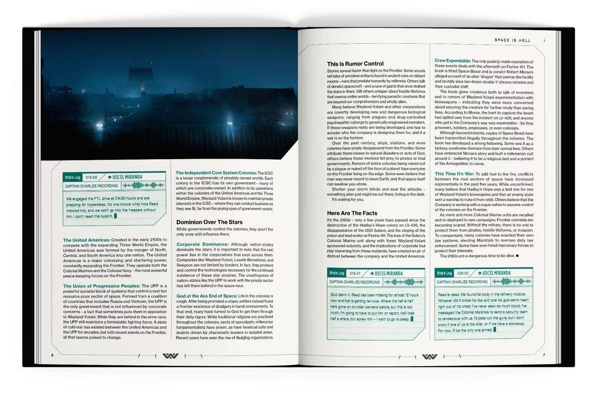 ALIEN RPG Evolved Edition rulebook spread with a moody blue colony landscape and rules text