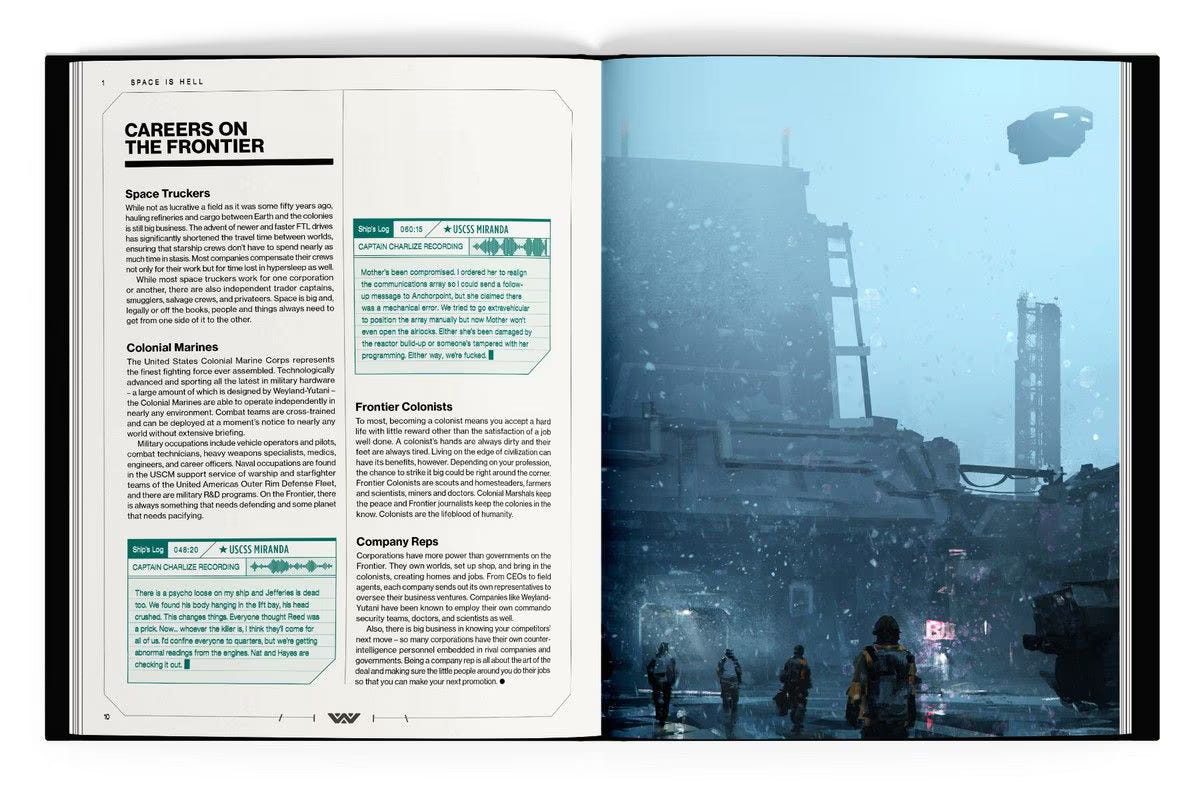 ALIEN RPG rulebook spread on careers on the frontier with a misty industrial colony illustration