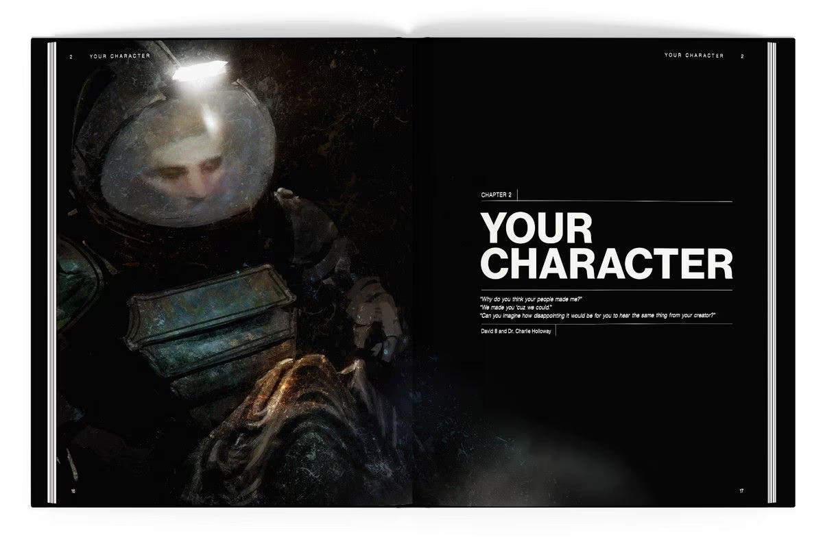 ALIEN RPG Evolved Edition rulebook open at the Your Character chapter with a helmeted crew member