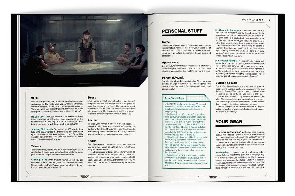 ALIEN RPG core rulebook spread on personal stuff and gear, with a crew seated around a table