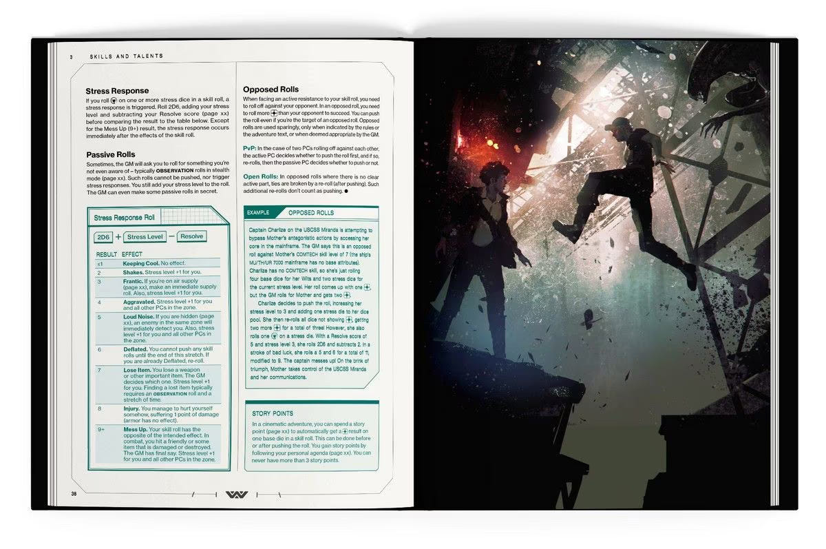 ALIEN RPG Evolved Edition rules spread on stress and panic with a frantic firefight illustration