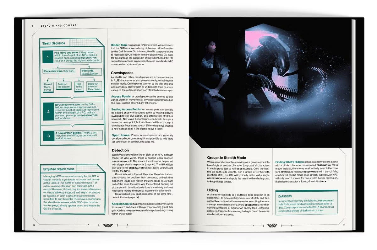 ALIEN RPG core rulebook spread on stealth and detection with abstract pink and blue artwork