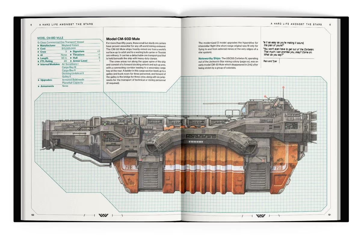 ALIEN RPG core rulebook spread with a detailed cutaway illustration of an orange and grey spaceship